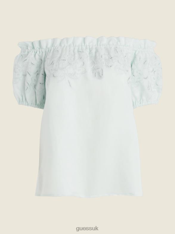 GUESS Women Eco Paradiso Embroidered Top Peaceful Sky Apparel V28V61534