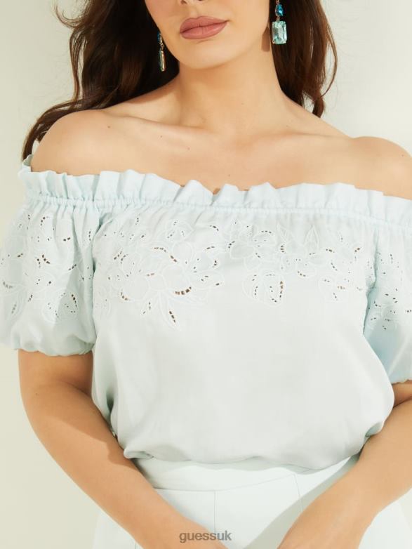 GUESS Women Eco Paradiso Embroidered Top Peaceful Sky Apparel V28V61534