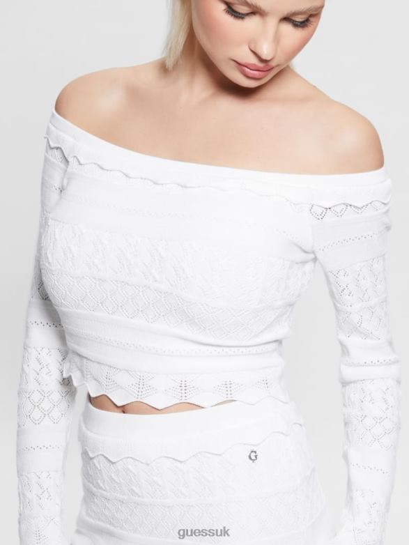GUESS Women Eco Pointelle Deeta Sweater Top Pure White Apparel V28V61421