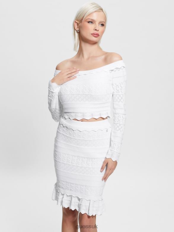 GUESS Women Eco Pointelle Deeta Sweater Top Pure White Apparel V28V61421