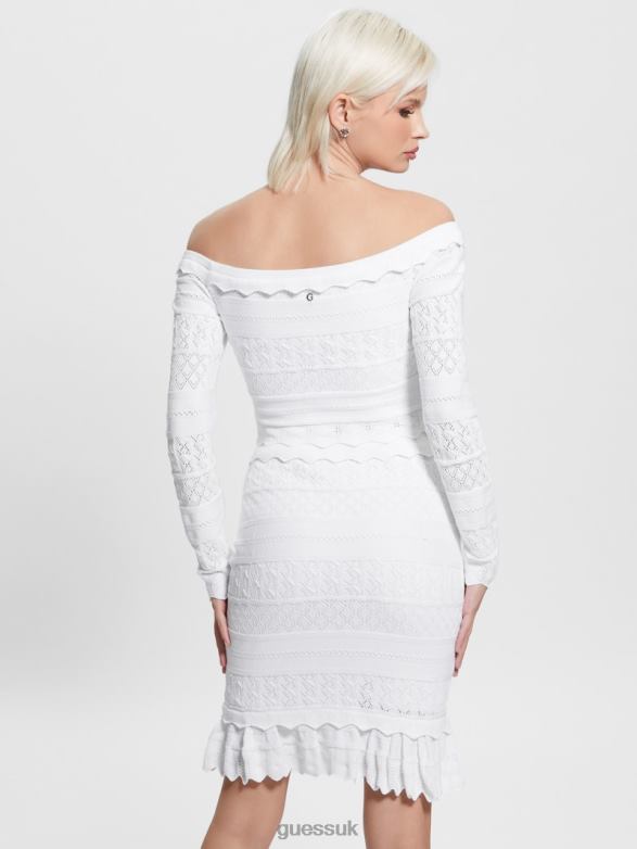 GUESS Women Eco Pointelle Deeta Sweater Top Pure White Apparel V28V61421