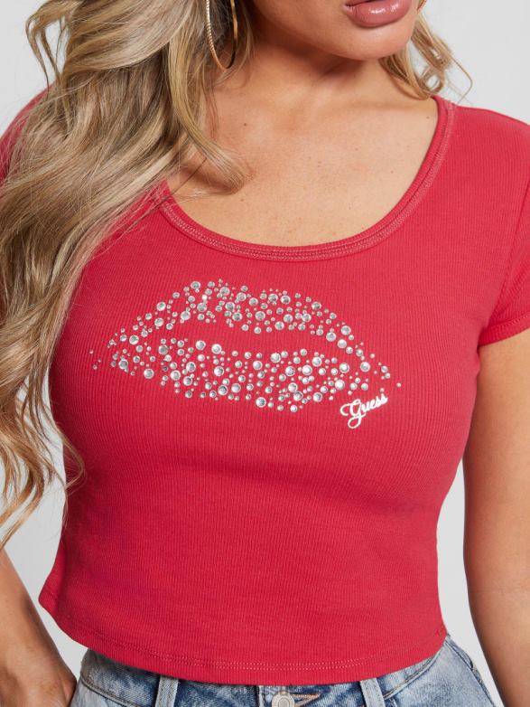 GUESS Women Eco Rhinestone Lip Cropped Top Karma Pink Apparel V28V61419