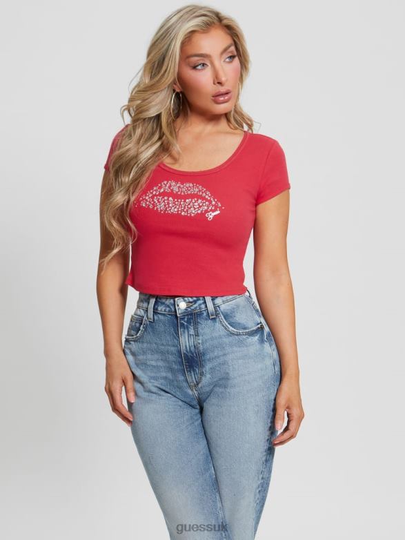 GUESS Women Eco Rhinestone Lip Cropped Top Karma Pink Apparel V28V61419