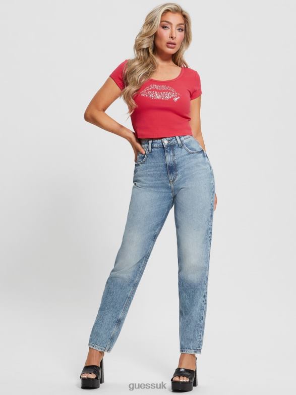 GUESS Women Eco Rhinestone Lip Cropped Top Karma Pink Apparel V28V61419