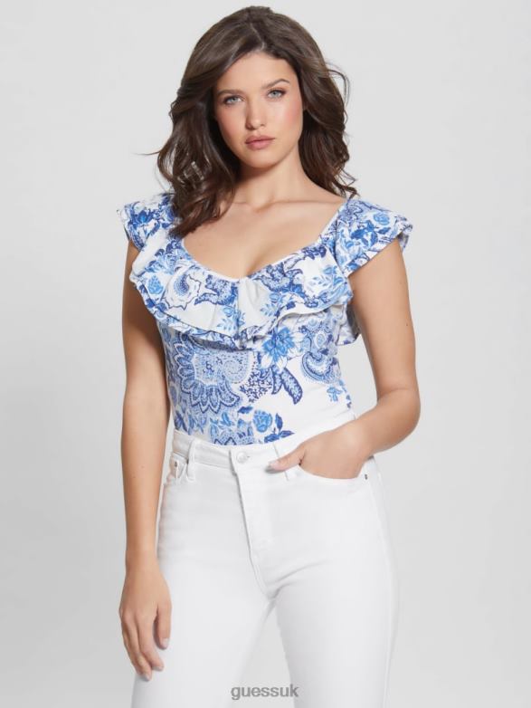 GUESS Women Eco Ruffle Veronika Top Blue Collectibles Apparel V28V61292