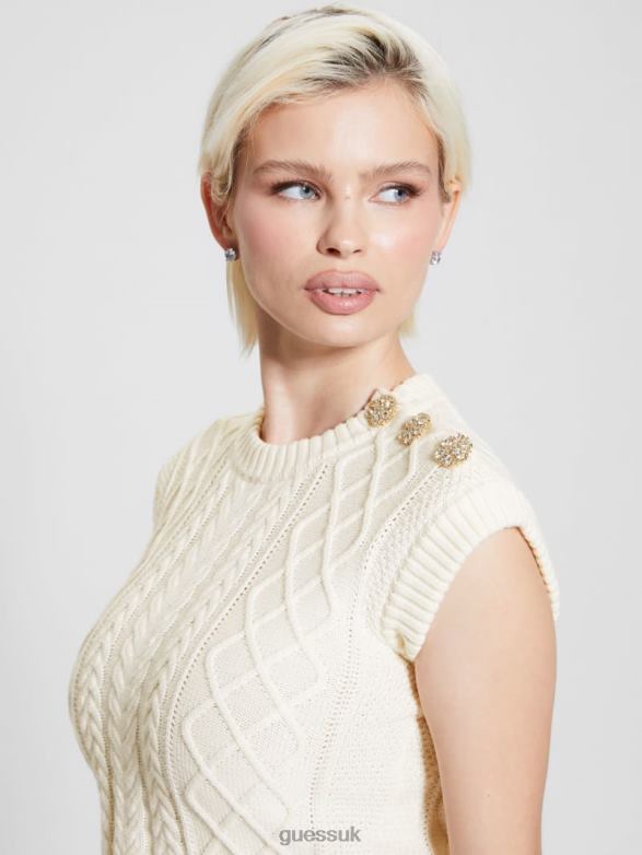 GUESS Women Eco Sabine Jewel Knit Crop Top Cream White Apparel V28V61018