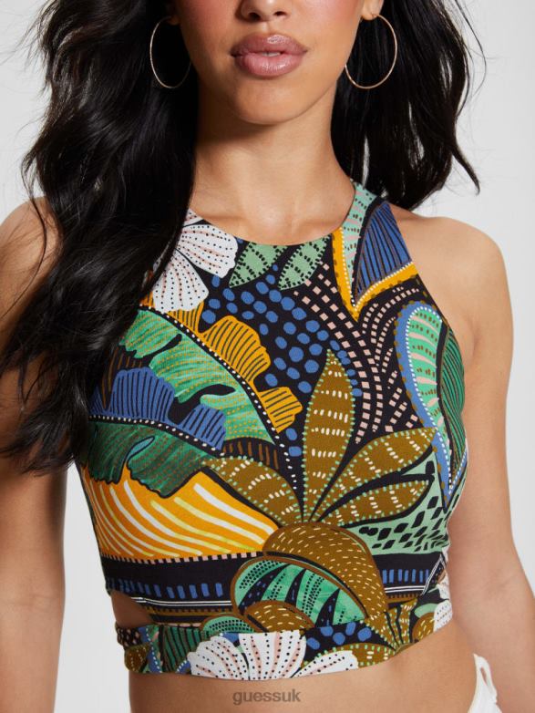 GUESS Women Eco Shayna Cutout Crop Top Tropical Traveler Apparel V28V6957