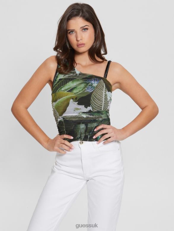 GUESS Women Eco Shirred Asymmetrical Dinah Top Moonlit Tropic Garden Apparel V28V61081