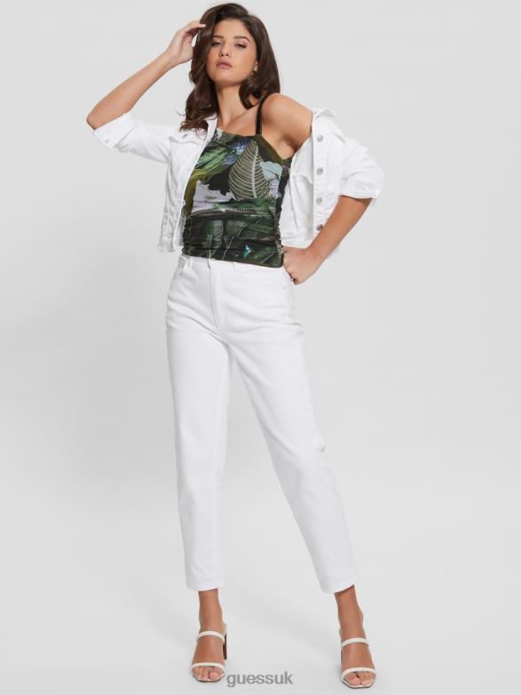 GUESS Women Eco Shirred Asymmetrical Dinah Top Moonlit Tropic Garden Apparel V28V61081