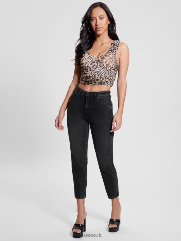 GUESS Women Eco Tecla Bow Crop Top Jaguar Cat Print Apparel V28V6936