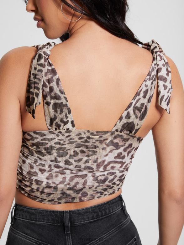 GUESS Women Eco Tecla Bow Crop Top Jaguar Cat Print Apparel V28V6936