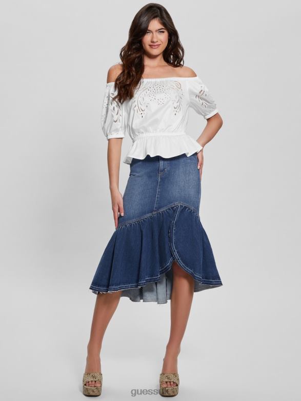 GUESS Women Embroidered Lazo Top Pure White Apparel V28V6921