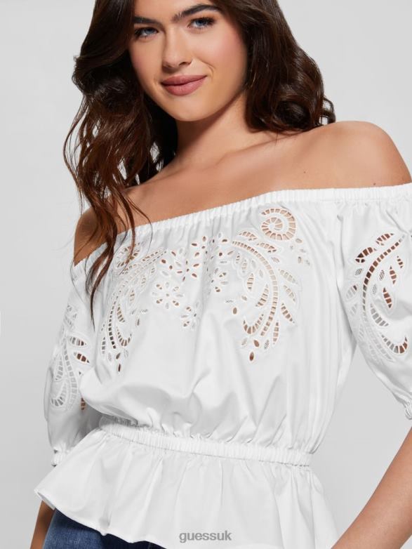 GUESS Women Embroidered Lazo Top Pure White Apparel V28V6921