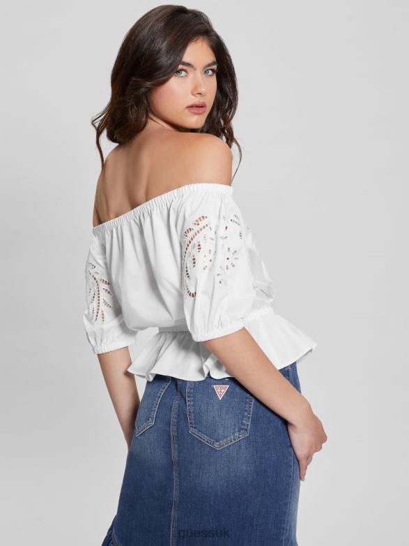 GUESS Women Embroidered Lazo Top Pure White Apparel V28V6921