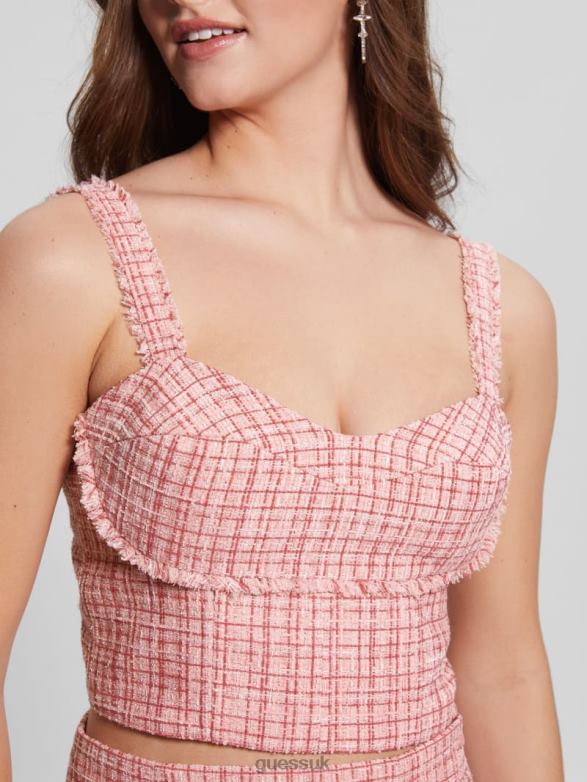 GUESS Women Emily Tweed Top Vintage Blush Multi Apparel V28V61461