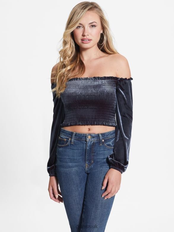 GUESS Women Hima Off-the-Shoulder Velour Top Nordic Sea Multi Apparel V28V61500