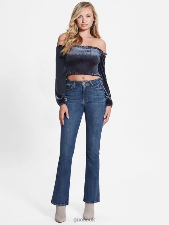 GUESS Women Hima Off-the-Shoulder Velour Top Nordic Sea Multi Apparel V28V61500
