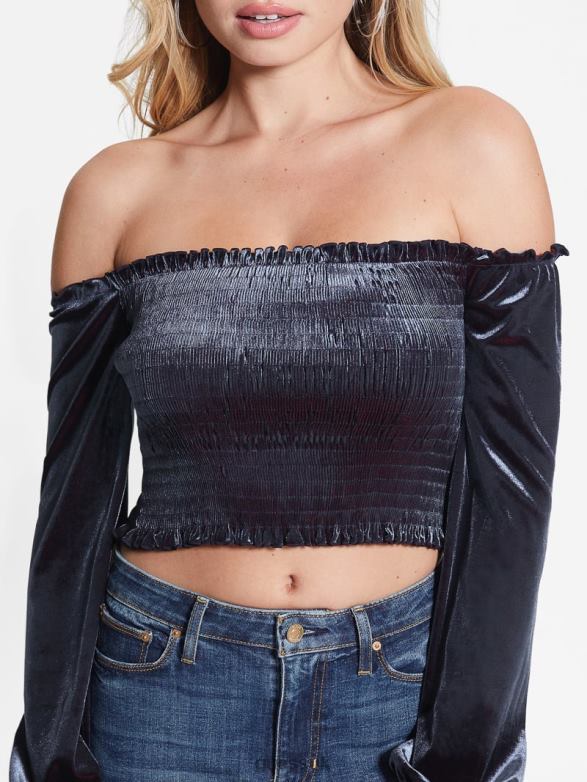 GUESS Women Hima Off-the-Shoulder Velour Top Nordic Sea Multi Apparel V28V61500
