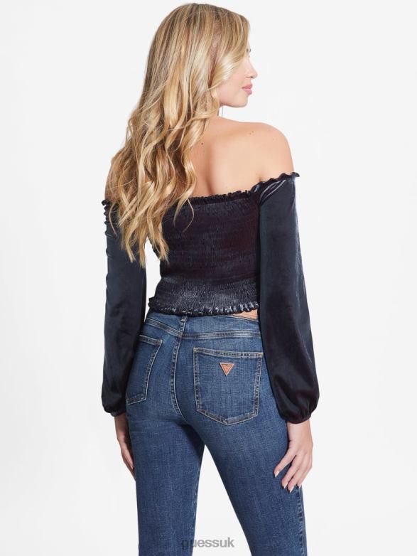 GUESS Women Hima Off-the-Shoulder Velour Top Nordic Sea Multi Apparel V28V61500