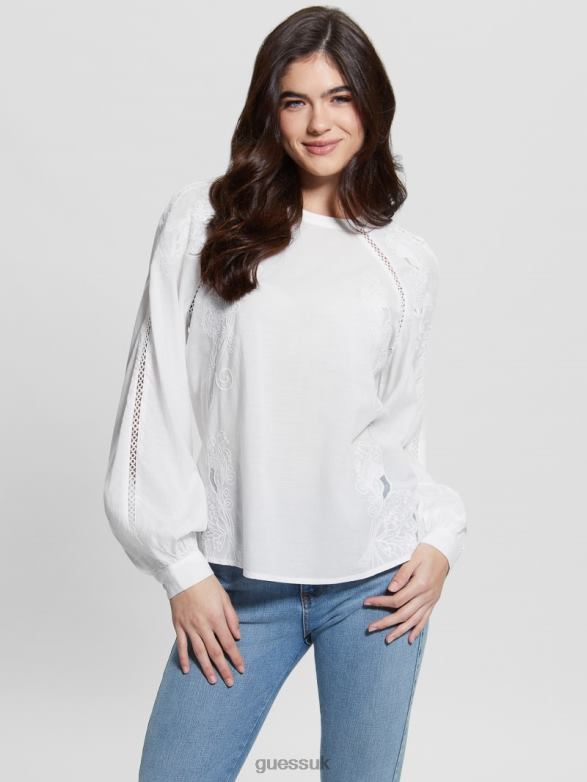 GUESS Women Iba Embroidered Top Pure White Apparel V28V61317