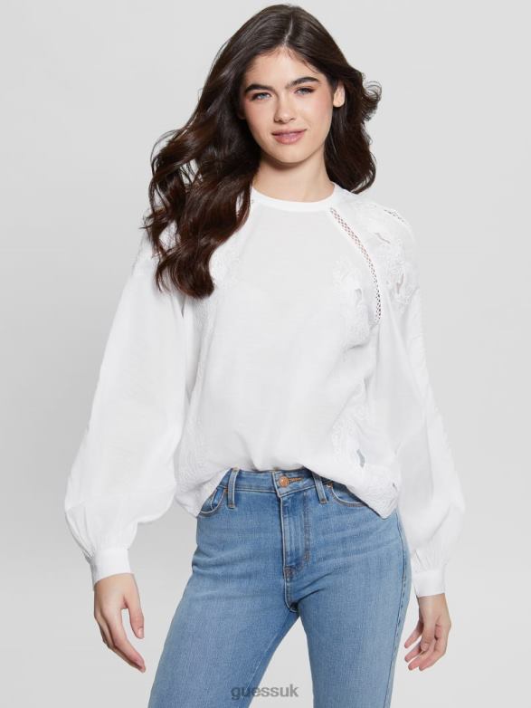 GUESS Women Iba Embroidered Top Pure White Apparel V28V61317