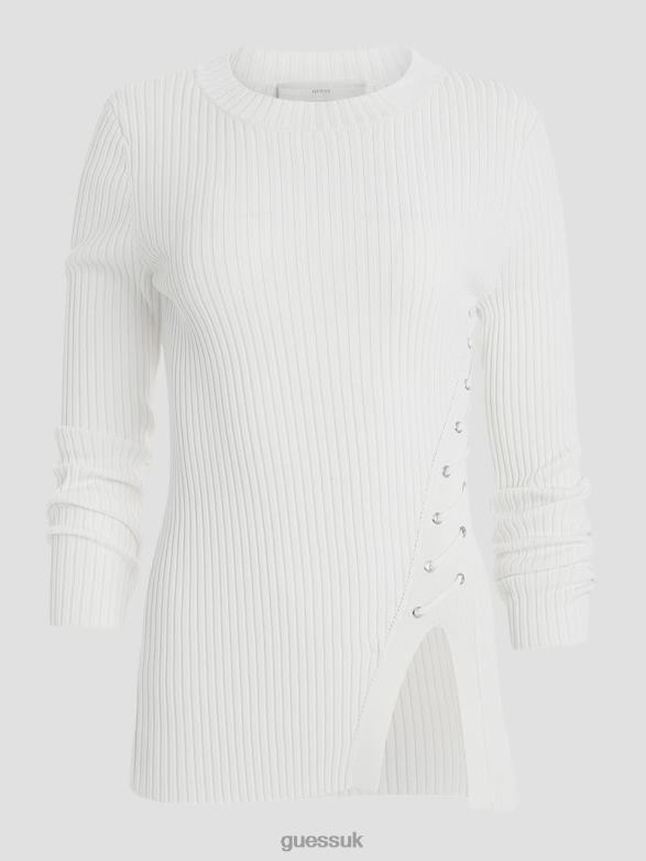 GUESS Women Irmine Round Neck Sweater Top Cream White Apparel V28V61613