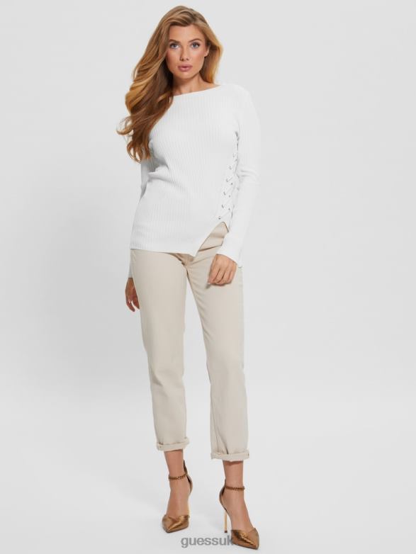 GUESS Women Irmine Round Neck Sweater Top Cream White Apparel V28V61613