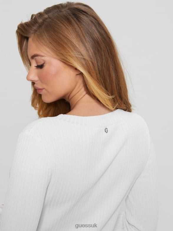 GUESS Women Irmine Round Neck Sweater Top Cream White Apparel V28V61613
