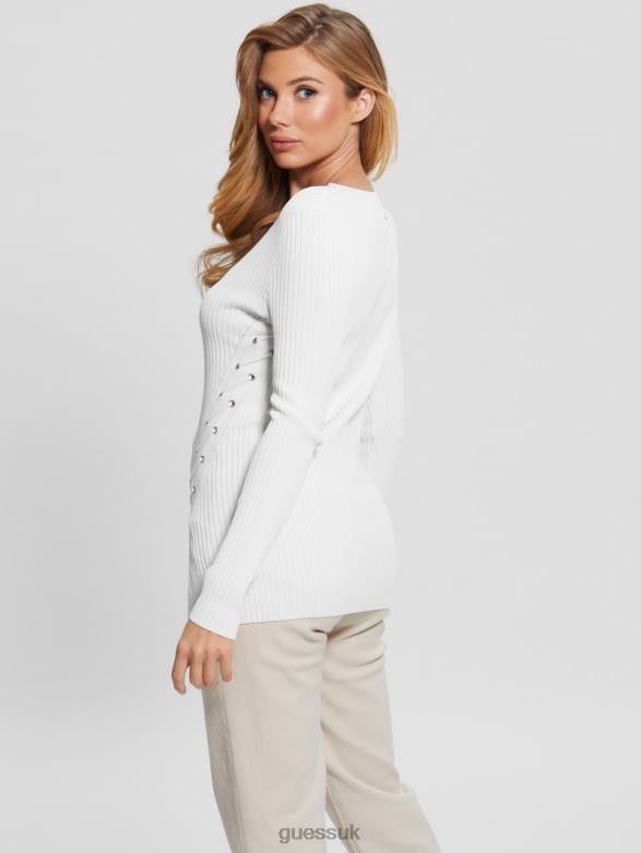 GUESS Women Irmine Round Neck Sweater Top Cream White Apparel V28V61613