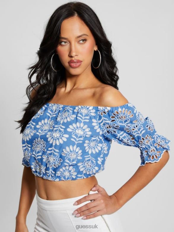 GUESS Women Lazo Embroidered Eyelet Crop Top Clearly Blue Multi Apparel V28V6960