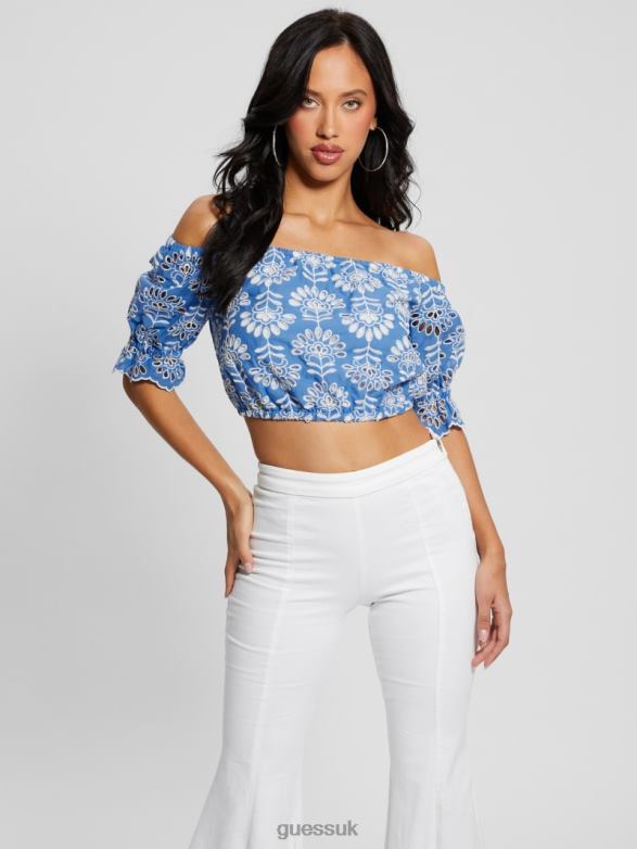 GUESS Women Lazo Embroidered Eyelet Crop Top Clearly Blue Multi Apparel V28V6960