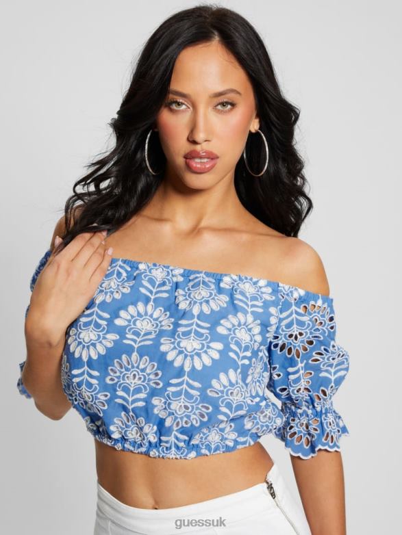 GUESS Women Lazo Embroidered Eyelet Crop Top Clearly Blue Multi Apparel V28V6960