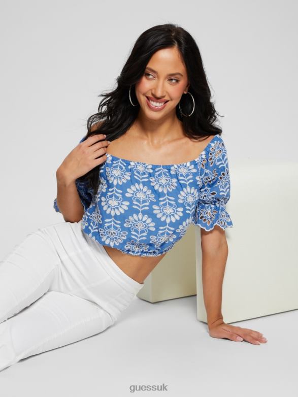 GUESS Women Lazo Embroidered Eyelet Crop Top Clearly Blue Multi Apparel V28V6960