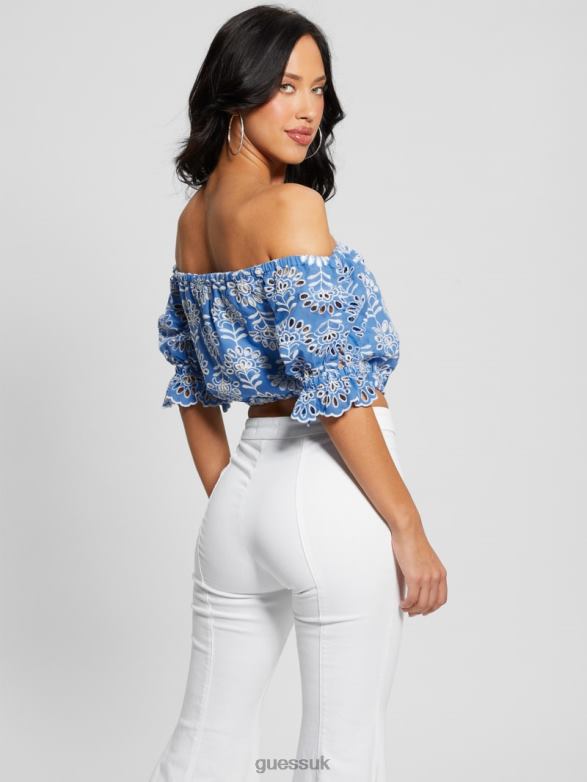 GUESS Women Lazo Embroidered Eyelet Crop Top Clearly Blue Multi Apparel V28V6960