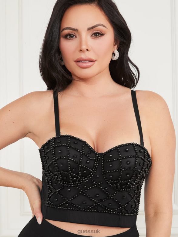GUESS Women Lea Bustier Top Jet Black Multi Apparel V28V6972