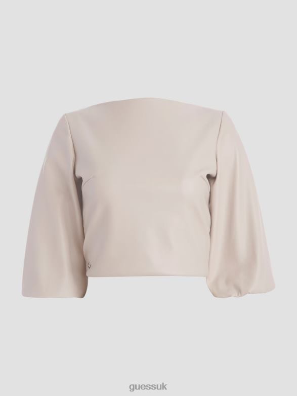 GUESS Women Margot Faux-Leather Top Pale Pebble Apparel V28V61518