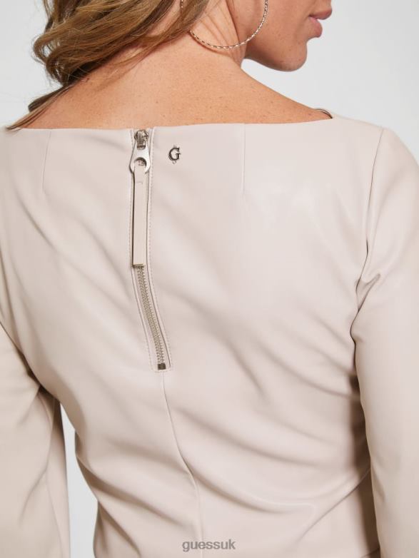 GUESS Women Margot Faux-Leather Top Pale Pebble Apparel V28V61518