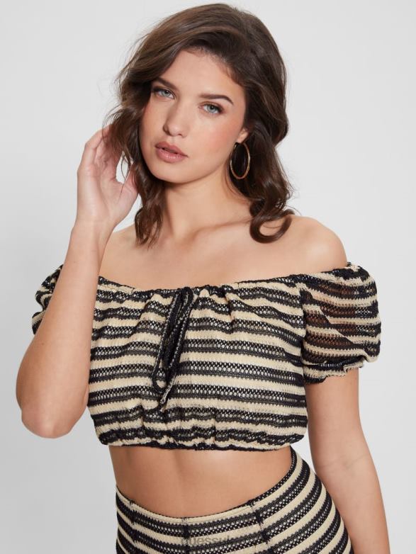 GUESS Women Maya Mesh Puffed Sleeve Top White Black Combo Apparel V28V6932