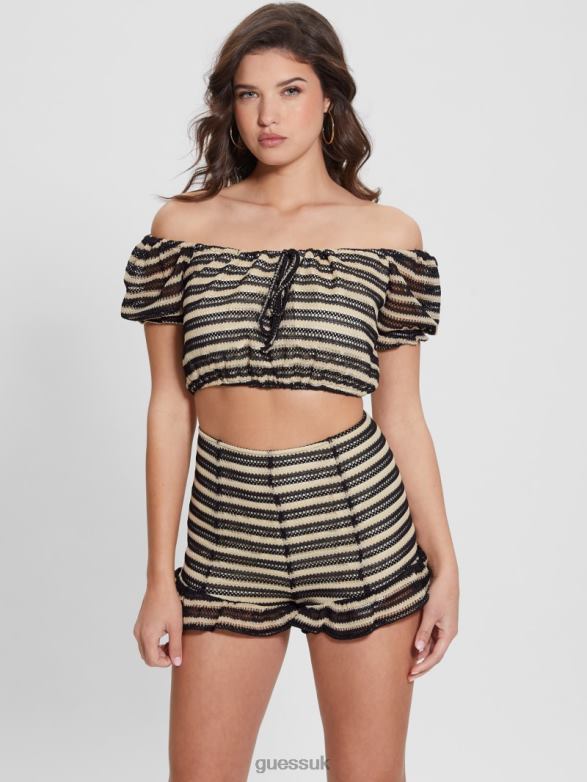 GUESS Women Maya Mesh Puffed Sleeve Top White Black Combo Apparel V28V6932