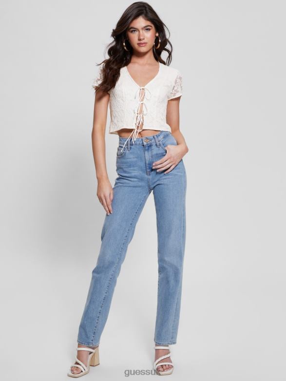 GUESS Women Nia Lace-Up Top Cream White Apparel V28V61012