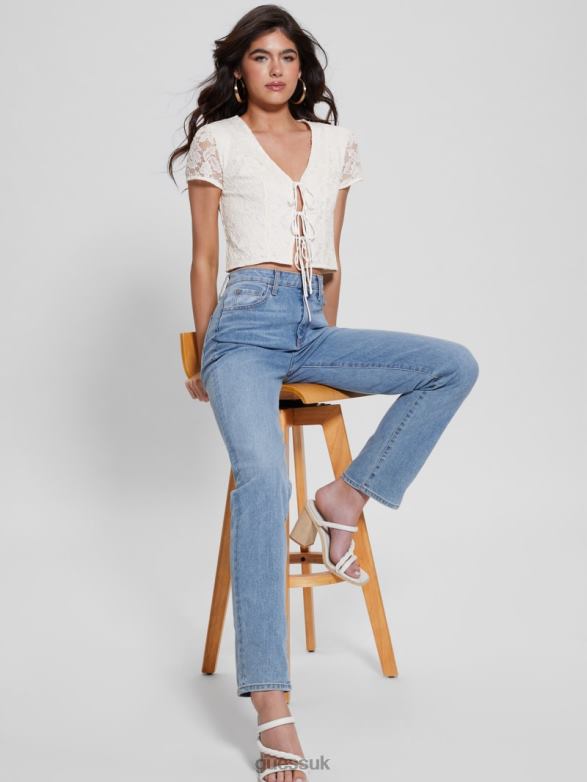 GUESS Women Nia Lace-Up Top Cream White Apparel V28V61012