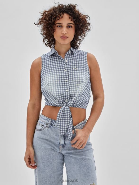 GUESS Women Originals Gingham Tie-Front Top Night Sky Blue Multi Apparel V28V61264