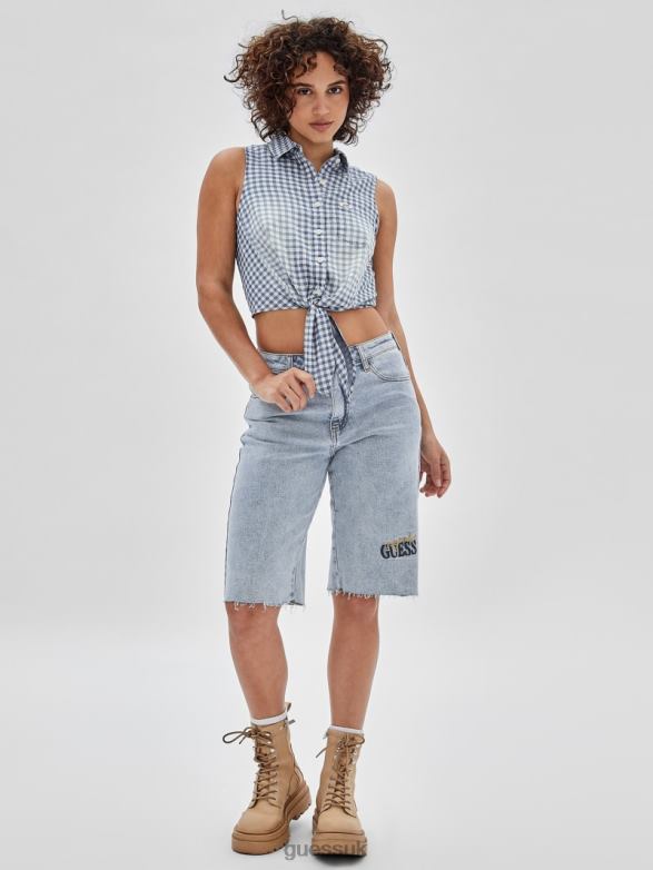 GUESS Women Originals Gingham Tie-Front Top Night Sky Blue Multi Apparel V28V61264