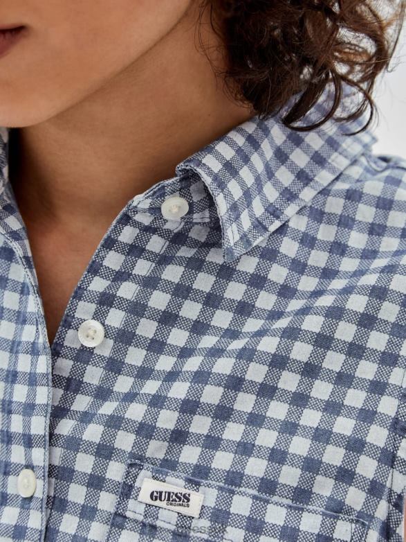 GUESS Women Originals Gingham Tie-Front Top Night Sky Blue Multi Apparel V28V61264