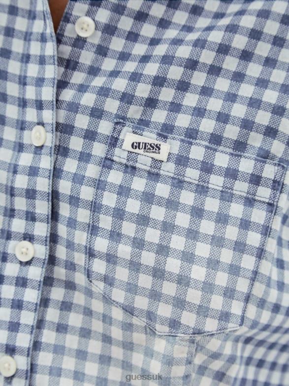 GUESS Women Originals Gingham Tie-Front Top Night Sky Blue Multi Apparel V28V61264