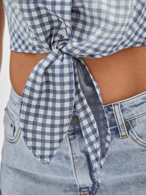 GUESS Women Originals Gingham Tie-Front Top Night Sky Blue Multi Apparel V28V61264