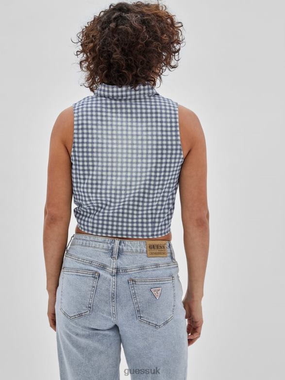 GUESS Women Originals Gingham Tie-Front Top Night Sky Blue Multi Apparel V28V61264