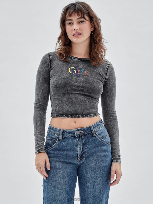GUESS Women Originals Long-Sleeve Logo Top Jet Black Multi Apparel V28V61214