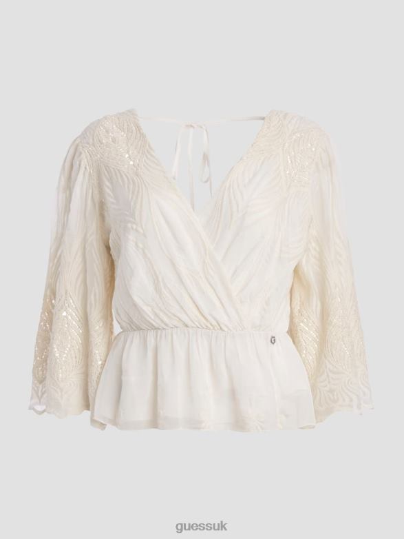 GUESS Women Pam Embroidered Top Cream White Apparel V28V6927