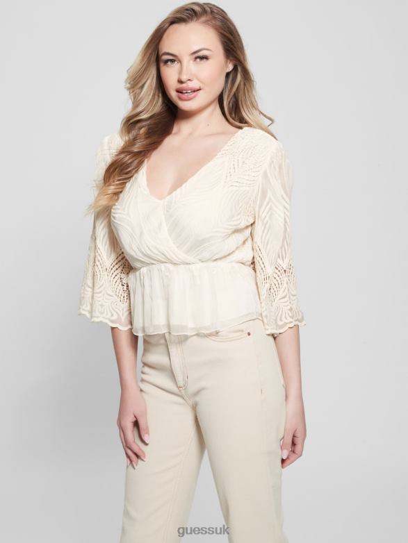 GUESS Women Pam Embroidered Top Cream White Apparel V28V6927